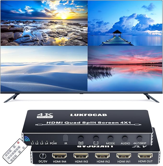 HDMI Multi-Viewer 4X1, Seamless Switcher 4 in 1 Out, Quad Multi Viewer Switcher with IR Remote, Supports 4K 30Hz, 5 Display Modes for Security Camera, Gaming Consoles