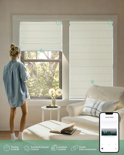 Yoolax Motorized Roman Shades with Remote, Smart Roman Shades for Indoor Windows, Blackout Automatic Blinds Work with Alexa, Google, Apple Homekit for Living Room Bedroom, Customized (Woven Beige)