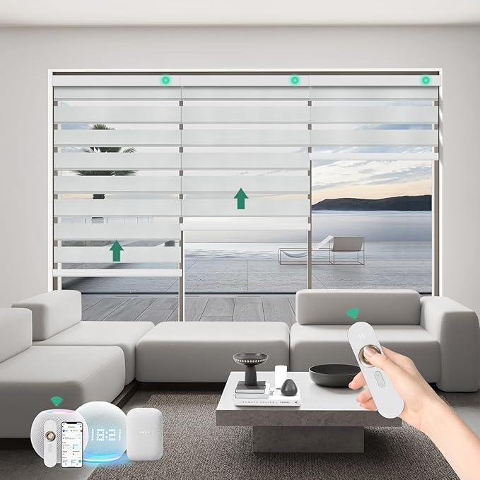 Motorized Zebra Blinds with Remote, Work with HomeKit Alexa Automatic Electric Window Shades 95% Blackout Light Filtering for Smart Home and Office, Customized Size Equinos White