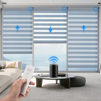 Motorized Zebra Blinds Compatible with Alexa Smart Dual Layer Shades with Control Remote Roller Blinds Automatic Shades for Smart Home and Office Customized Size (95% Shading - Sky Blue)