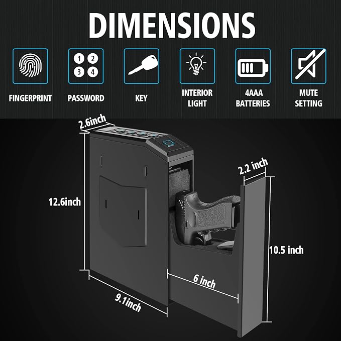 Hidden Gun Safe for Pistols, Biometric Fingerprint Smart Slider Handgun Safe for Nightstand, Desk, Bedside, Wall,Truck -Auto Sliding Door- Fingerprint, PIN Code, KEY Access (Black-Biometric)