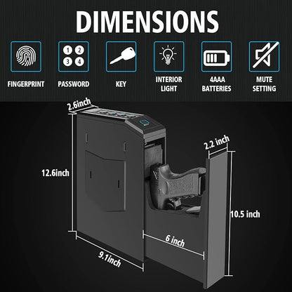 Hidden Gun Safe for Pistols, Biometric Fingerprint Smart Slider Handgun Safe for Nightstand, Desk, Bedside, Wall,Truck -Auto Sliding Door- Fingerprint, PIN Code, KEY Access (Black-Biometric)