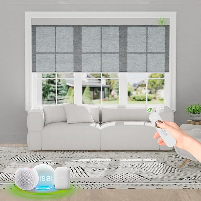 Motorized Blinds with Remote [Light Filtering] Smart Blinds Compatible with Alexa Google HomeKit, 70% Blackout Automatic Roller Shades for Indoor Windows, Customized Size, Linear Sunset