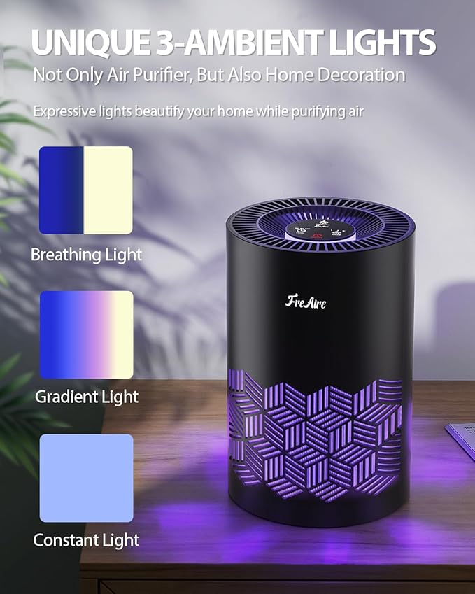 FreAire Air Purifiers for Bedroom Up to 1086 Ft², Air Purifiers for Home with Lights, HEPA Air Purifier Removes Dust Smoke Pollen Dander Smell, for Home/Pets/Bedroom