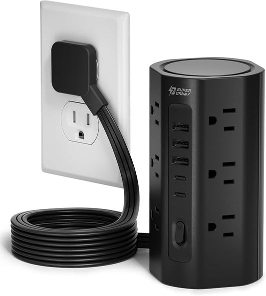 SUPERDANNY Tower Power Strip, 6.5Ft Extension Cord, 1700J,12 AC 5 USB,Black | 3 USB A, 2 USB C, Surge Protector Power Tower, Flat Plug, Desk Charging Station with Multiple Outlets, Home Office Dorm Room