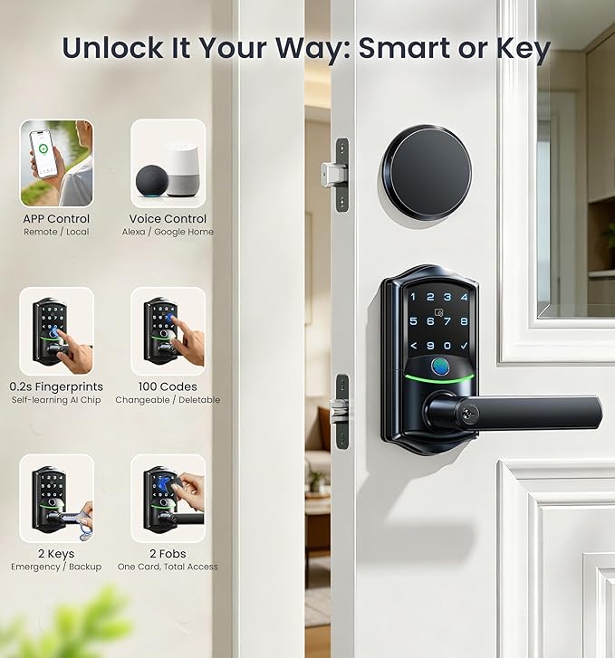 Veise VE029-E Wi-Fi Smart Lock with Handle & Non-Keyed Deadbolt, Fingerprint Keyless Entry Lock for Front Door, APP Remote Control, Keypad Electronic Digital Knob, IP65 Waterproof, Matte Black
