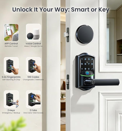 Veise VE029-E Wi-Fi Smart Lock with Handle & Non-Keyed Deadbolt, Fingerprint Keyless Entry Lock for Front Door, APP Remote Control, Keypad Electronic Digital Knob, IP65 Waterproof, Matte Black