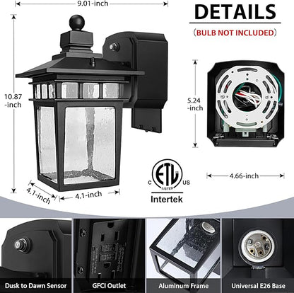 2 Pack Outdoor Light with GFCI Outlet,Black Dusk to Dawn Porch Lights Outdoor Wall Light Fixture with Outlet,Aluminum Exterior Lighting Fixtures Wall Mount,Waterproof Outside Lights for House