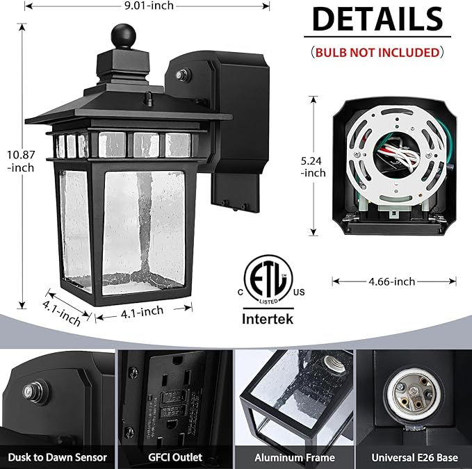 Dusk to Dawn Outdoor Lights with GFCI Outlet Sensor Outside Exterior Porch Wall Light Fixture, Anti-rust Wall Mount Lantern,Waterproof Wall Sconce,Outside Lights for House Front Door,Bulb not Included