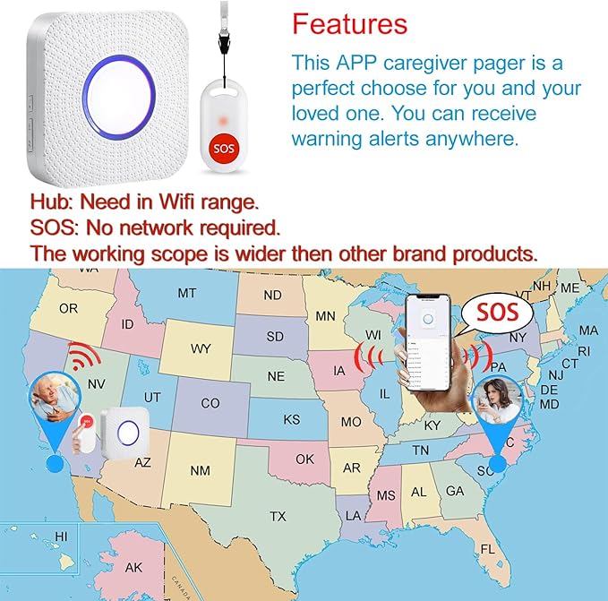 WiFi Caregiver Pager Wireless Call Button Nurse Alert System for Home/Elderly/Patient/Disabled with Phone App Two Call Button One WiFi Receiver(only Supports 2.4GHz Wi-Fi)