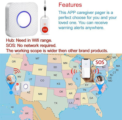 WiFi Caregiver Pager Wireless Call Button Nurse Alert System for Home/Elderly/Patient/Disabled with Phone App Two Call Button One WiFi Receiver(only Supports 2.4GHz Wi-Fi)