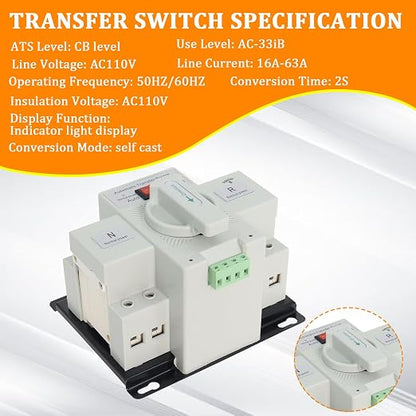 Ketofa 2P 63A 110V Automatic Transfer Switch, Dual Power ATS, White