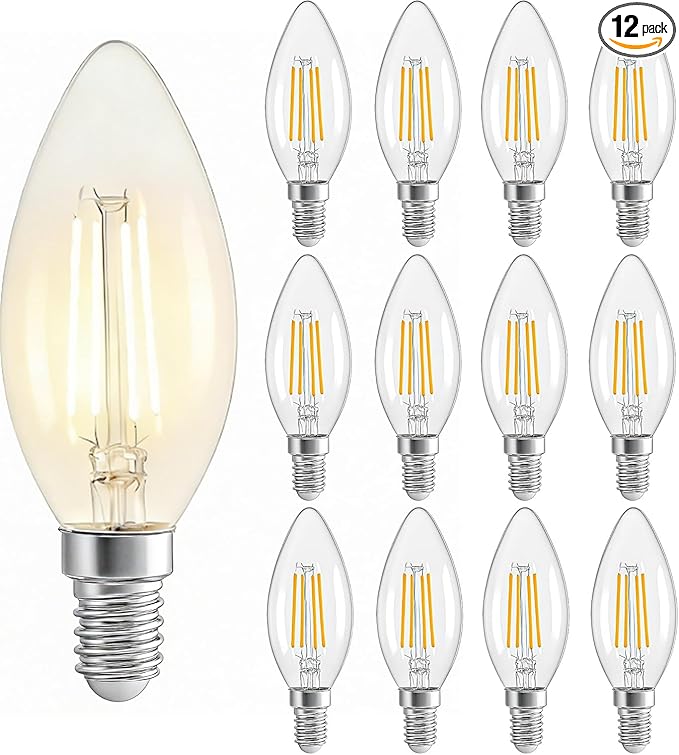 Led Lights,Warm White e12 Dimmable Bulb,Transparent Glass 4W Vintage Candle Light Bulbs, 600Lm,2700K Edison Bulbs for Suitable for Use in Bedrooms, Coffee Shops and Study Rooms 12 Pack