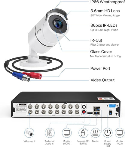 ZOSI 16 Channel Wired Security Camera System with 4TB HDD, 8 x 1080P Weatherproof Metal CCTV Cameras with Audio, AI Human/Vehicle Detection, 120ft Night Vision, 16CH DVR for Business 24/7 Recording