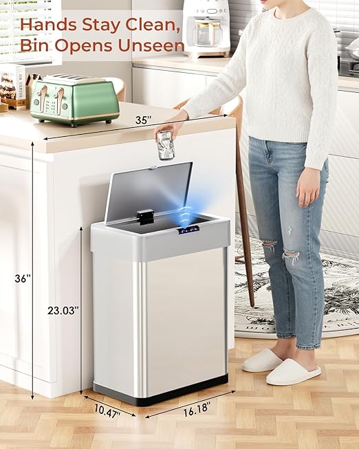 TLSUNNY 13.2 Gallon Motion Sensor Trash Can,Touchless Automatic Garbage Can,Brushed Stainless Steel Smart Bin,with Bag Holder,Soft Close Lid,for Kitchen,Office,RV,Bedroom,Living Room (Silver, 50L)