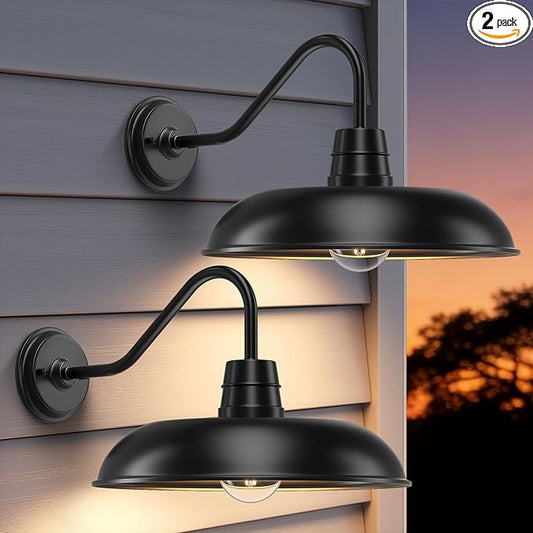 FILIYANO 2 Packs Farmhouse Barn Gooseneck Light Fixture, 12inch Outdoor Barn Lights for House, Black Exterior Wall Mount Lighting, Waterproof Industrial Porch Sconces for Garage Front Door Patio Shed
