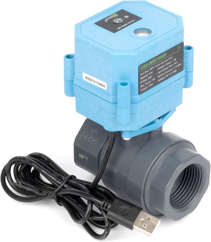 U.S. Solid WiFi Smart Motorized Ball Valve 1 inch NPT for Water Control & Irrigation, 2 Way PVC Electric Valve, USB Powered, LED Status Indicator, Flow Direction Window, Remote On/Off Control
