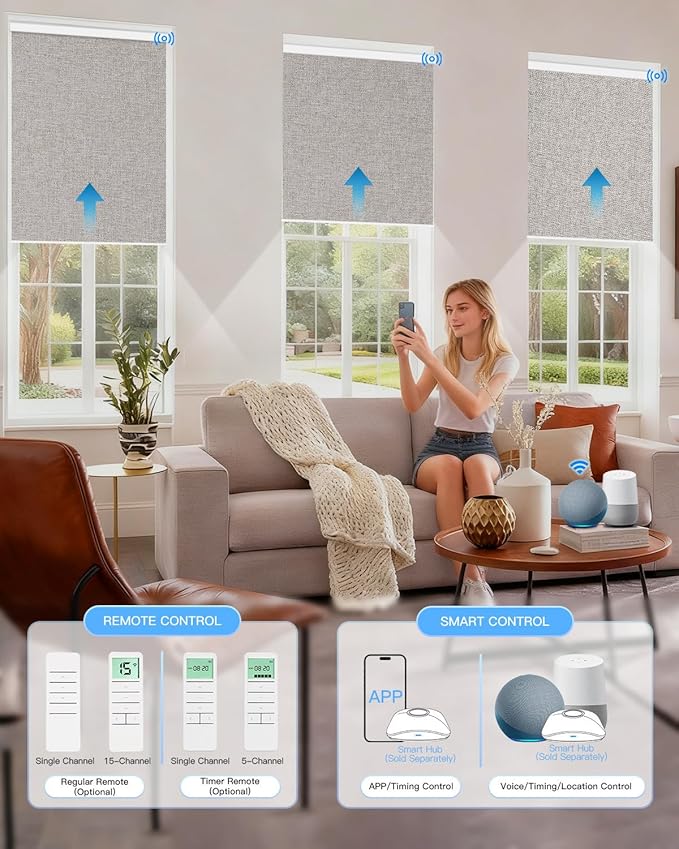 Tokblind Motorized Roller Shade with Remote Control, Blackout Electric Shade for Windows Compatible with Alexa Google via Hub, Rechargeable Smart Window Blind for Home Office (Fabric Wheat)