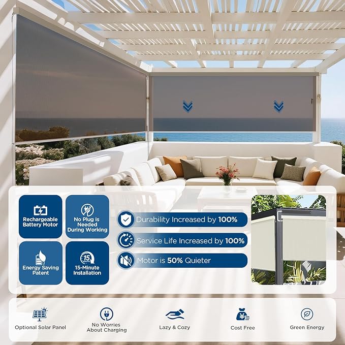 Motorized Outdoor Solar Shades, Custom Patio & Porch Blinds with Remote, Smart Exterior Shades Compatible with Apple HomeKit, Alexa & Google Home (5% Openness Coffee)