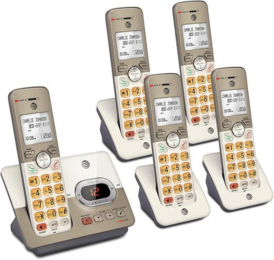 AT&T EL52513 5-Handset Cordless Phone with Digital Answering System, Extra-Large Backlit Keys, Caller ID/Call Waiting, DECT 6.0, Speakerphone – Light Champagne