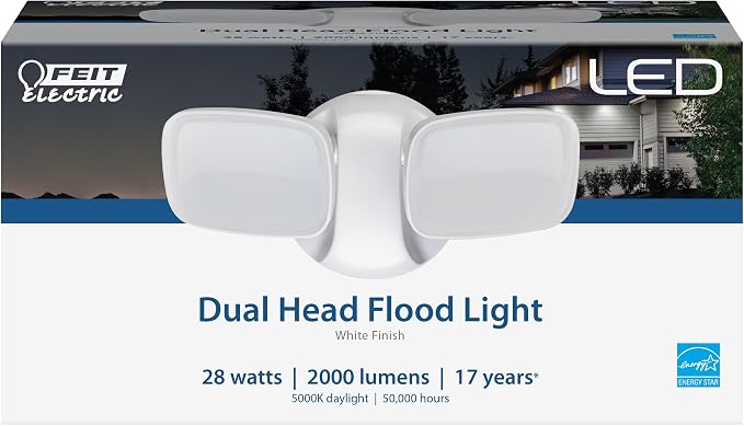 Feit Electric LED Security Light Outdoor, 28W LED Waterproof Flood Light, 2 Head, Wall Mount, Switch Operated, 2000 Lumens, 5000K Daylight, 50,000 Hour Lifespan, White, S9DFL/850/WH
