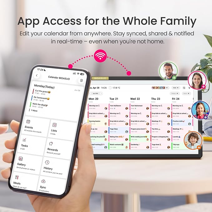 15.6" Smart Digital Calendar for Family, FHD Touchscreen Wall Calendar | App Sync No Subscription, Shared Family Planner, Meal Planning, Chore Chart, Grocery Lists, Reminders & Digital Photo Frame