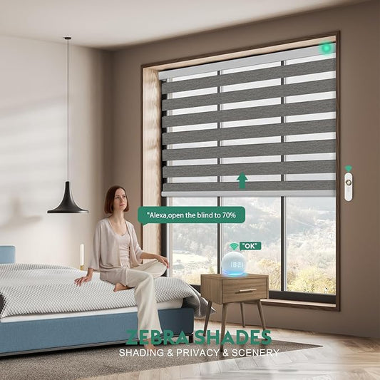 Motorized Zebra Blinds with Remote, Work with HomeKit Alexa Automatic Electric Window Shades 95% Blackout Light Filtering for Smart Home and Office, Customized Size Modern Dark Gray