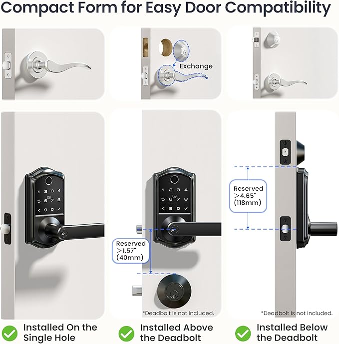 Veise VE019 Fingerprint Smart Lever Lock, App Control, Keyless Entry Door Lock with Handle, Touchscreen Keypad Knob for Front Door and Bedroom, Remote Access Sharing, IP55 Waterproof, Matte Black