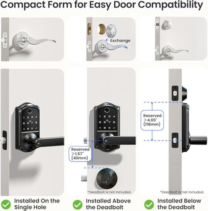 Veise VE019 Fingerprint Smart Lever Lock, App Control, Keyless Entry Door Lock with Handle, Touchscreen Keypad Knob for Front Door and Bedroom, Remote Access Sharing, IP55 Waterproof, Matte Black