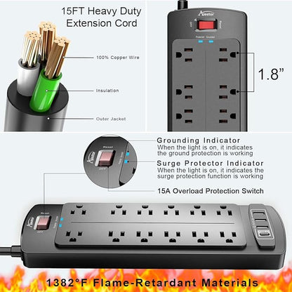 Power Strip, ALESTOR Surge Protector with 12 Outlets and 4 USB Ports(1 USB C Port), 15 Feet Extension Cord (1875W/15A), 2700 Joules, ETL Listed, Black