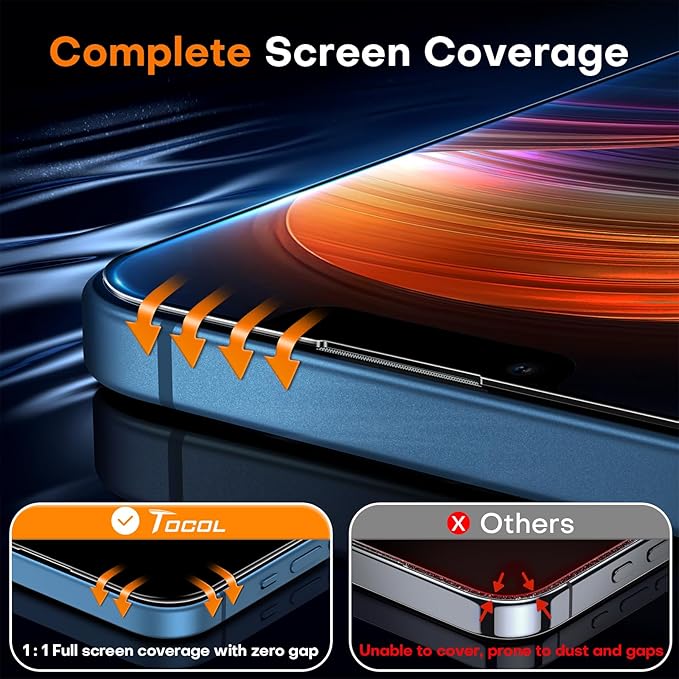 TOCOL for iPhone 13 Screen Protector/iPhone 16e Screen Protector 9H Hardness Military Grade Shatterproof HD Tempered Glass Full Coverage Easy Installation 2 Pack
