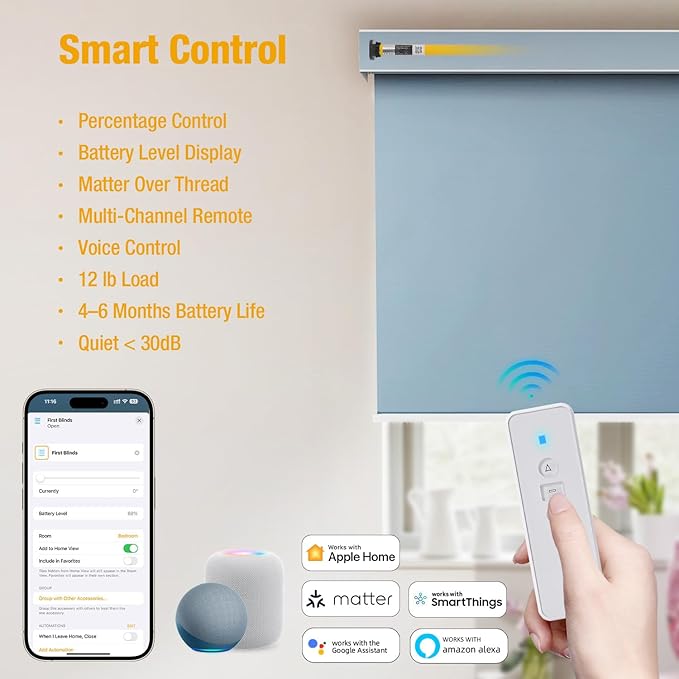 Matter Roller Shade Motor - Expand Your Smart Home - Single Pack for 1.5" Shade Tube - Work with HomeKit, Alexa, Google Home - Type-C Rechargeable, High Torque (No Brackets/Remote)