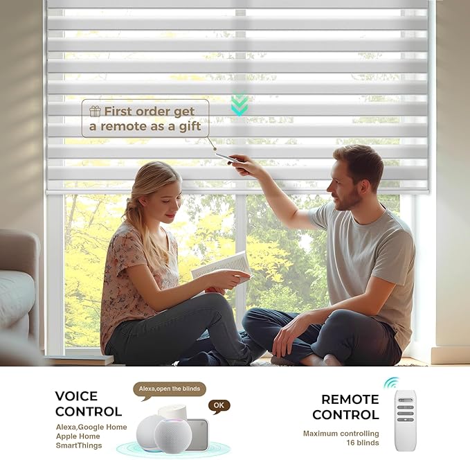 HeyBlinds Motorized Zebra Blinds with Remote, Smart Cordless Electric Zebra Shades for Indoor Windows Compatible with Alexa Google & Homekit, Custom Size (Wool-White LF)