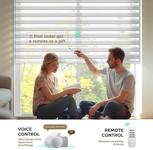 HeyBlinds Motorized Zebra Blinds with Remote, Smart Cordless Electric Zebra Shades for Indoor Windows Compatible with Alexa Google & Homekit, Custom Size (Wool-White LF)
