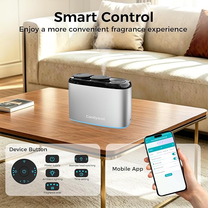 Smart Essential Oil Diffuser with Dual Nozzle & App Control, Waterless Diffuser for 1500 Sq Ft, with 4 Timer & 4 Mist Levels, Hotel Scent Diffuser for Home & Office