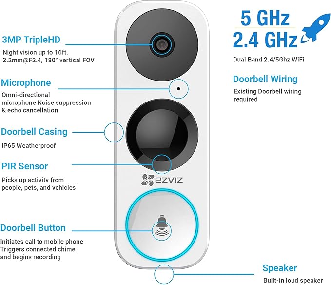 EZVIZ WiFi Video Doorbell, Night Vision, Two-Way Talk, PIR Motion Detection, Weather Proof, 180° Vertical FOV, Free 3-hour Cloud Storage(DB1) (Renewed)