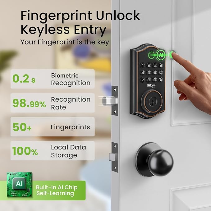GHome Smart Deadbolt Lock, Fingerprint Code Keyless Entry Door Lock for Front Door, Auto Lock, App Control, Digital Keypad deadbolt, Smart Door Lock for Home Airbnb Apartment Hotel Garage, Black