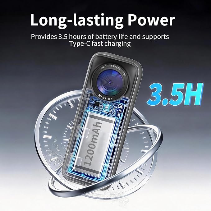 4K Action Camera, 3.5Hrs Battery Life Body Camera Hands-Free Recording, IPX6 Waterproof Portable Vlogging Camera with 1.4" HD Screen, Video Recorder with WiFi for Travel, Cycling, Motorcycle, Bloggers