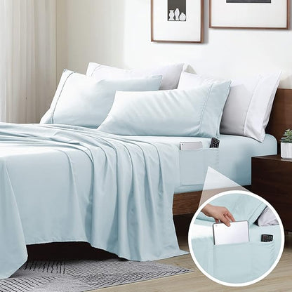 Swift Home Smart Sheets, Ultra Soft Brushed Microfiber 4-Piece Sheet Set, Fitted Bed Sheet with Side Storage Pockets – Aqua, King