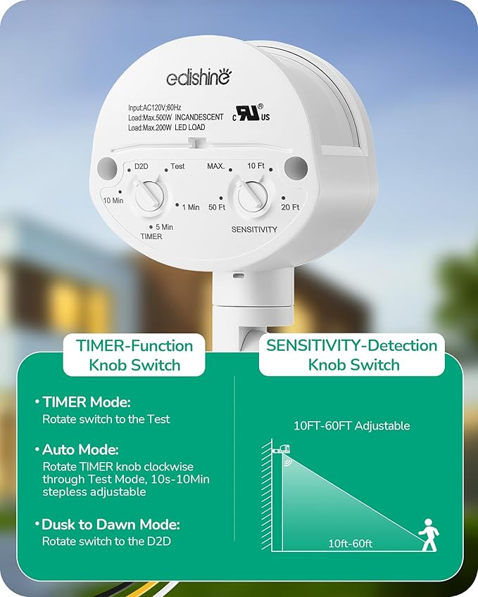 EDISHINE 2 Pack Motion Sensor, 180-Degree Replacement Motion Detector for Outdoor Lights, Adjustable Time & Detection Range Up to 60FT, 3 Modes PIR Motion Sensor for Floodlight, White, UL Listed