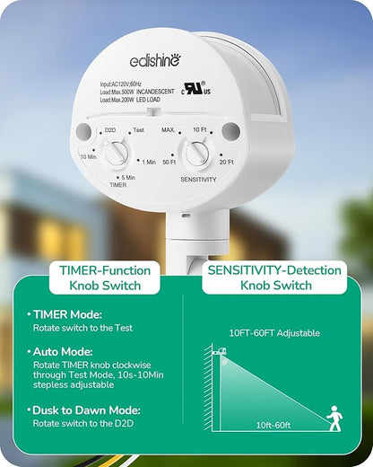EDISHINE 2 Pack Motion Sensor, 180-Degree Replacement Motion Detector for Outdoor Lights, Adjustable Time & Detection Range Up to 60FT, 3 Modes PIR Motion Sensor for Floodlight, White, UL Listed