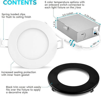 LUXRITE 4 Inch Ultra Thin LED Recessed Light with J-Box, 10W, 5 Color Options 2700K | 3000K | 3500K | 4000K | 5000K, Dimmable Wafer Lights, 750 Lumens, Black Trim, Energy Star, IC Rated (4 Pack)