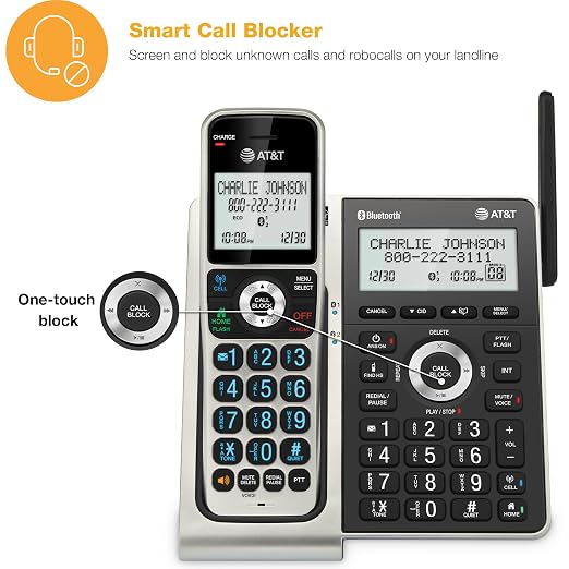 AT&T BL3107-3 DECT 6.0 3-Handset Cordless Phone, Titanium Black | Bluetooth Connect to Cell, Smart Call Blocker, Digital Answering System, Extended Range, Big Buttons