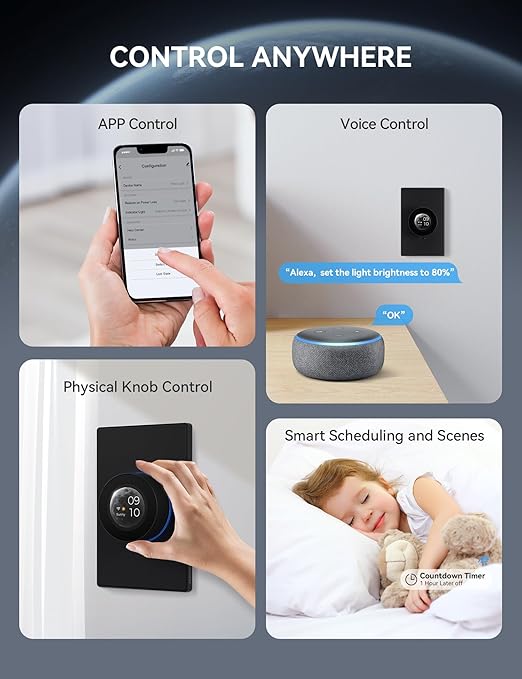 ELEGRP WiFi Smart Rotary Triac Dimmer with 1.8 inch TFT Display Screen, 3 Way, Needs Neutral Wire, 2.4GHz Wi-Fi, Compatible with Alexa and Google Home, No Hub Required, UL Listed, 1 Pack, Black