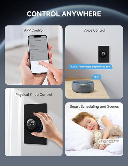 ELEGRP WiFi Smart Rotary Triac Dimmer with 1.8 inch TFT Display Screen, 3 Way, Needs Neutral Wire, 2.4GHz Wi-Fi, Compatible with Alexa and Google Home, No Hub Required, UL Listed, 1 Pack, Black