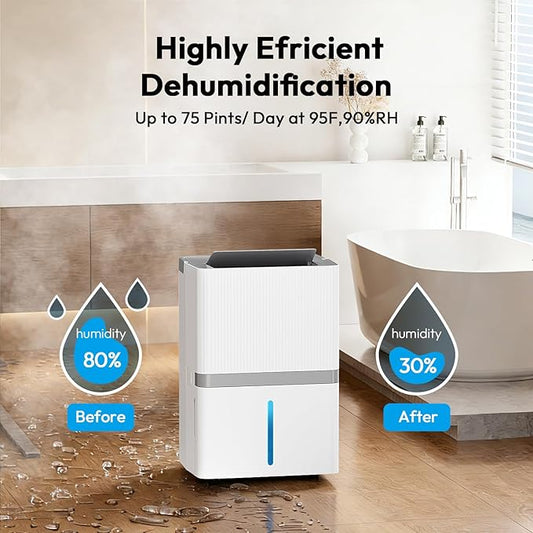 HUMILABS 5000 Sq.Ft Dehumidifier for Basement and Home, 75 Pints Dehumidifier with Drain Hose, Smart Humidity Control, 24H-Timer, for Bedroom, Bathroom, Large Room