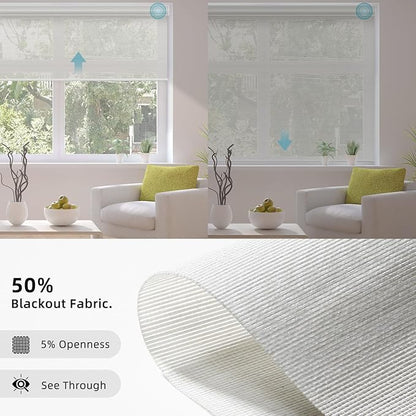 SmartWings Motorized Smart Roller Shades in Light Filtering, Electric Blinds with Remote for Windows Compatible with Alexa/Google Home/Homekit, Customized, PVC Free Pearl 5% Openness