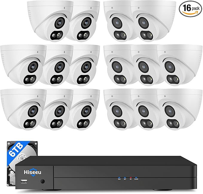 【6TB HDD】 Hiseeu 12MP NVR Security Camera System, 16 Pcs 4K/8MP Wired PoE Security Cameras, 121°Wide View, 2 Way Audio, Color Night Vision, Human Vehicle Detect, Home CCTV Surveillance Outdoor&Indoor