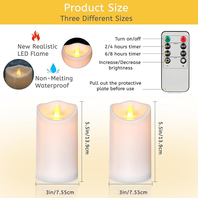 Flameless Candles 4" 5" 6" Outdoor Indoor Pillars Battery Operated Flickering Candles Include 10-Key Remote Timer 400+ Hours by 2 AA Batteries (White Candle - Warm light, 3"D x 6" H - 2 Pack)