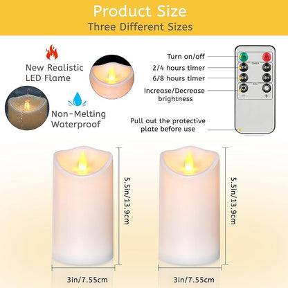 Flameless Candles 4" 5" 6" Outdoor Indoor Pillars Battery Operated Flickering Candles Include 10-Key Remote Timer 400+ Hours by 2 AA Batteries (White Candle - Warm light, 3"D x 6" H - 2 Pack)